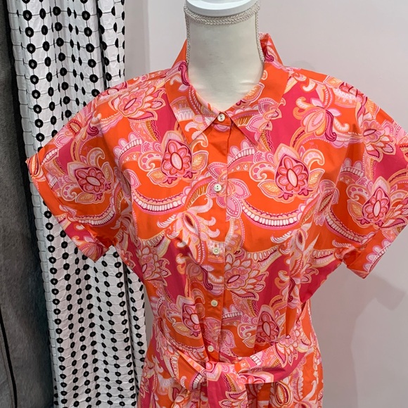 Talbots Vibrant Pink and Orange Paisley Button-Down Dress.  Size 12P. Never worn - Picture 2 of 8